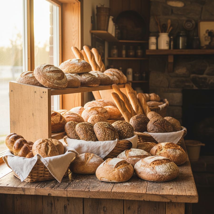 A display of fresh bread loaves in a small-town Ontario bakery