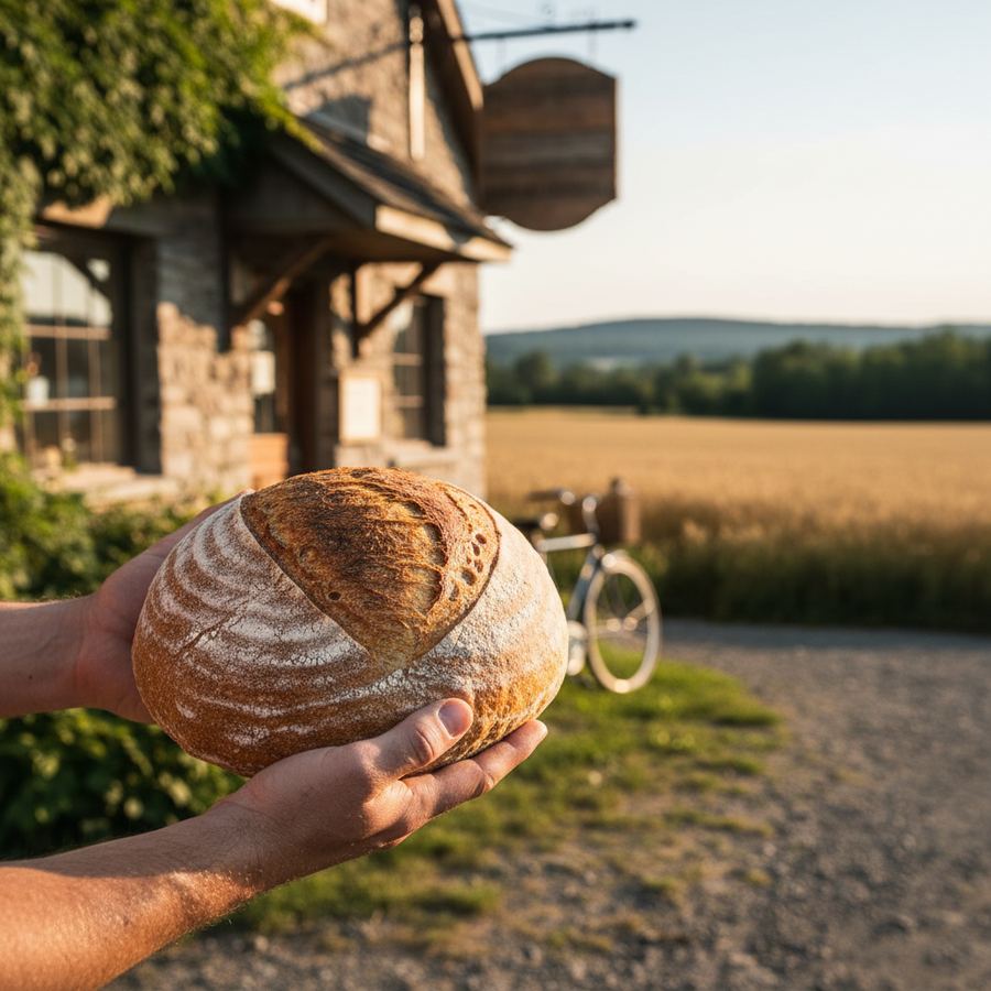Hands holding a freshly baked loaf of bread