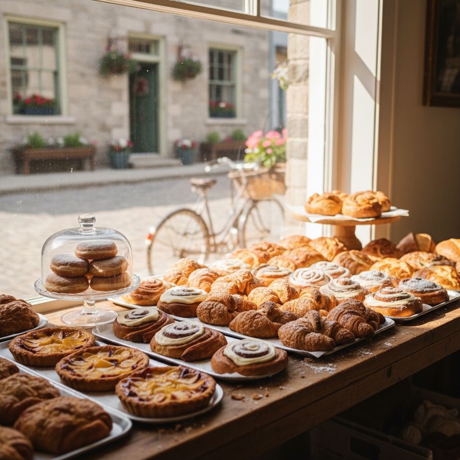 A glass counter displaying pastries and tarts at a rural bakery