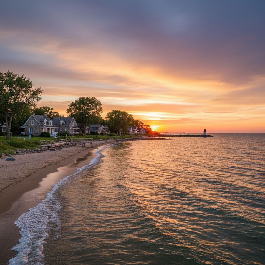 Sunset light reflecting off calm lake water near a beach town