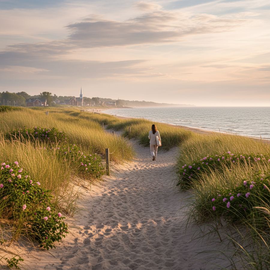 Two children walking a sandy trail between dune grasses toward the lake