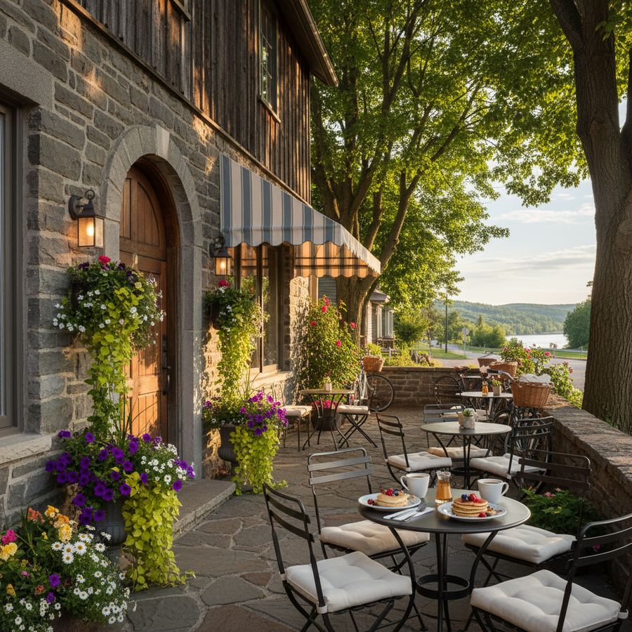 The exterior of a charming small-town cafe in Ontario on a weekend morning