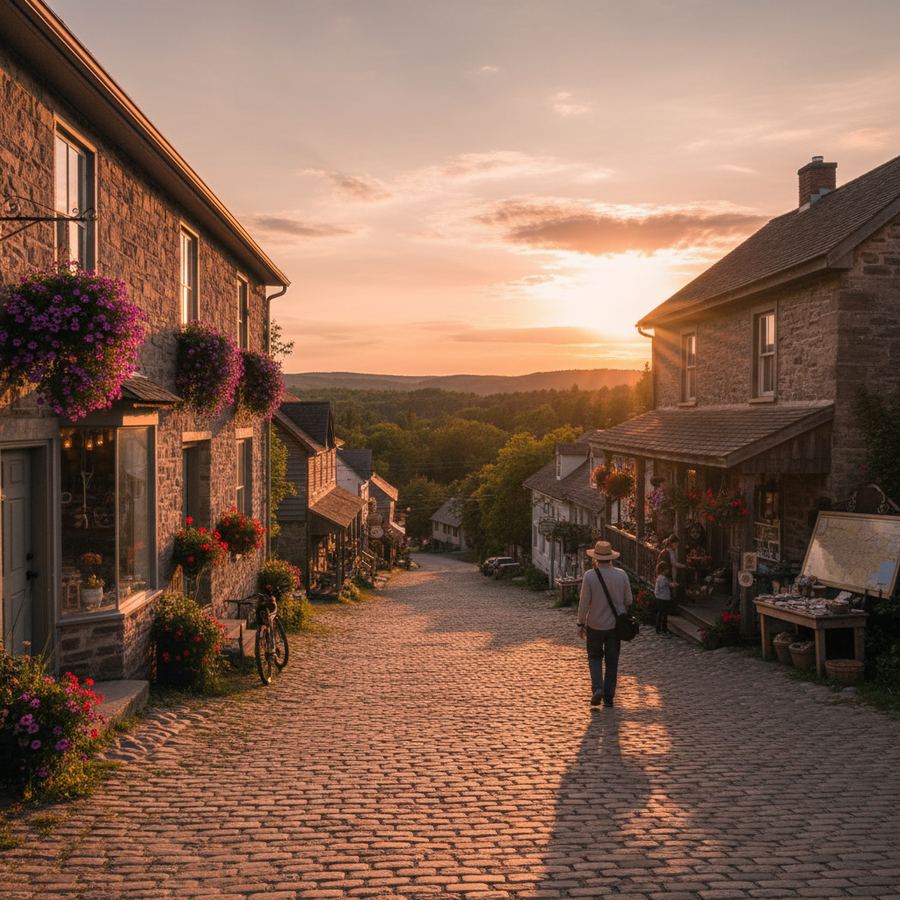 A small Ontario town main street with shops and a quiet sidewalk