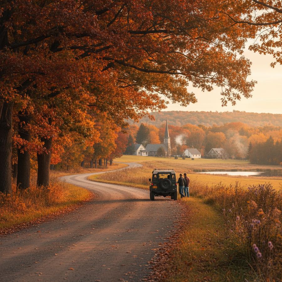 A two-lane county road stretching ahead between rows of trees in full autumn colour, red and gold and orange