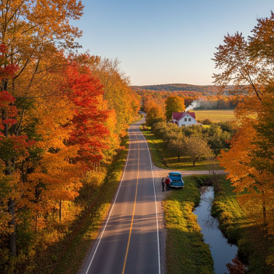 A farm stand with pumpkins and squash arranged on wooden shelves beside the road
