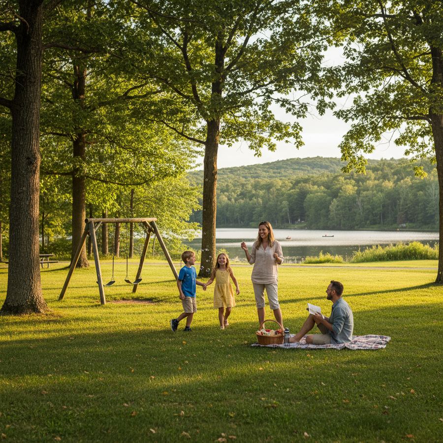 A family walking along a quiet main street in a small Ontario town on a Saturday morning