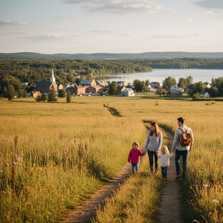 Children exploring a rocky creek bank near a small-town trail in Ontario