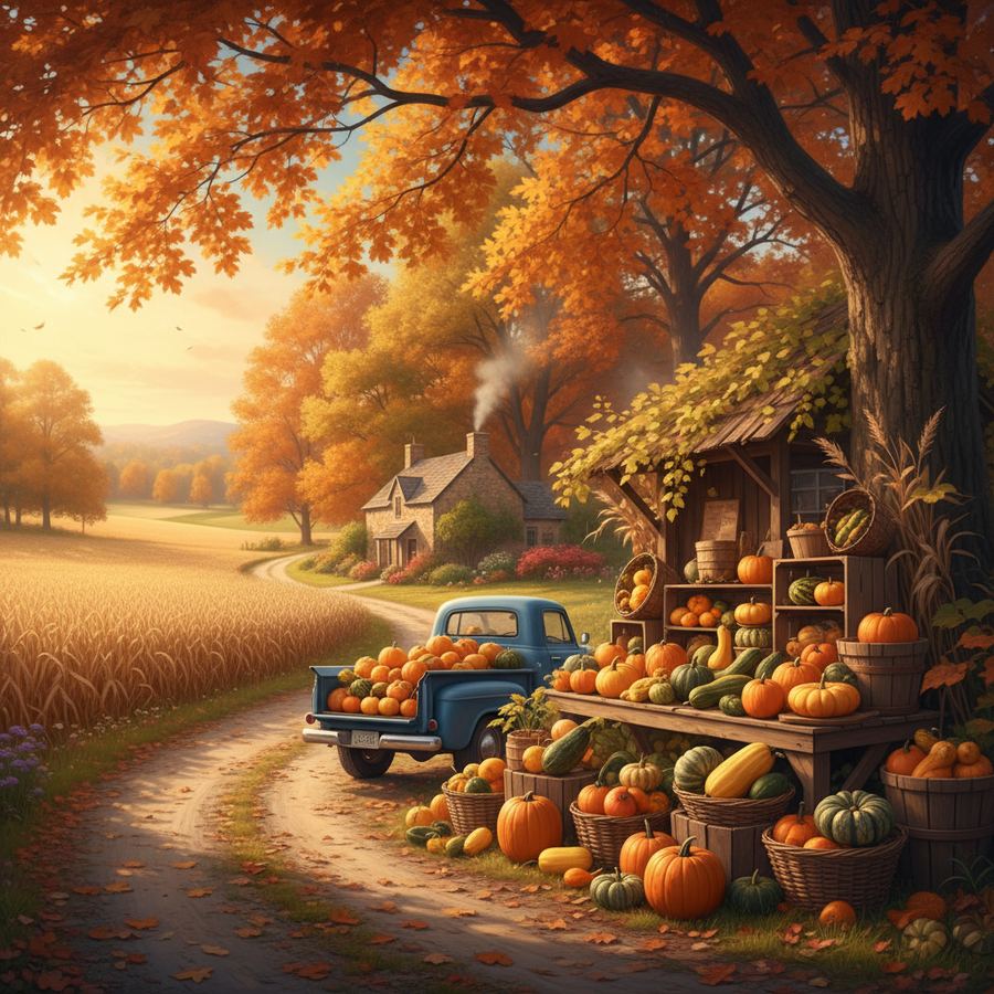 A display of autumn squash and pumpkins at an Ontario farm stand
