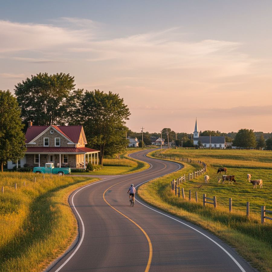 A quiet county road winding through autumn trees in Ontario