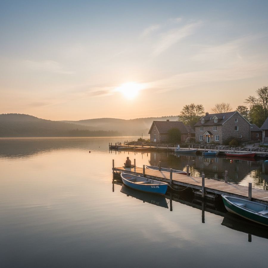 Dock at dawn with a boat moored alongside