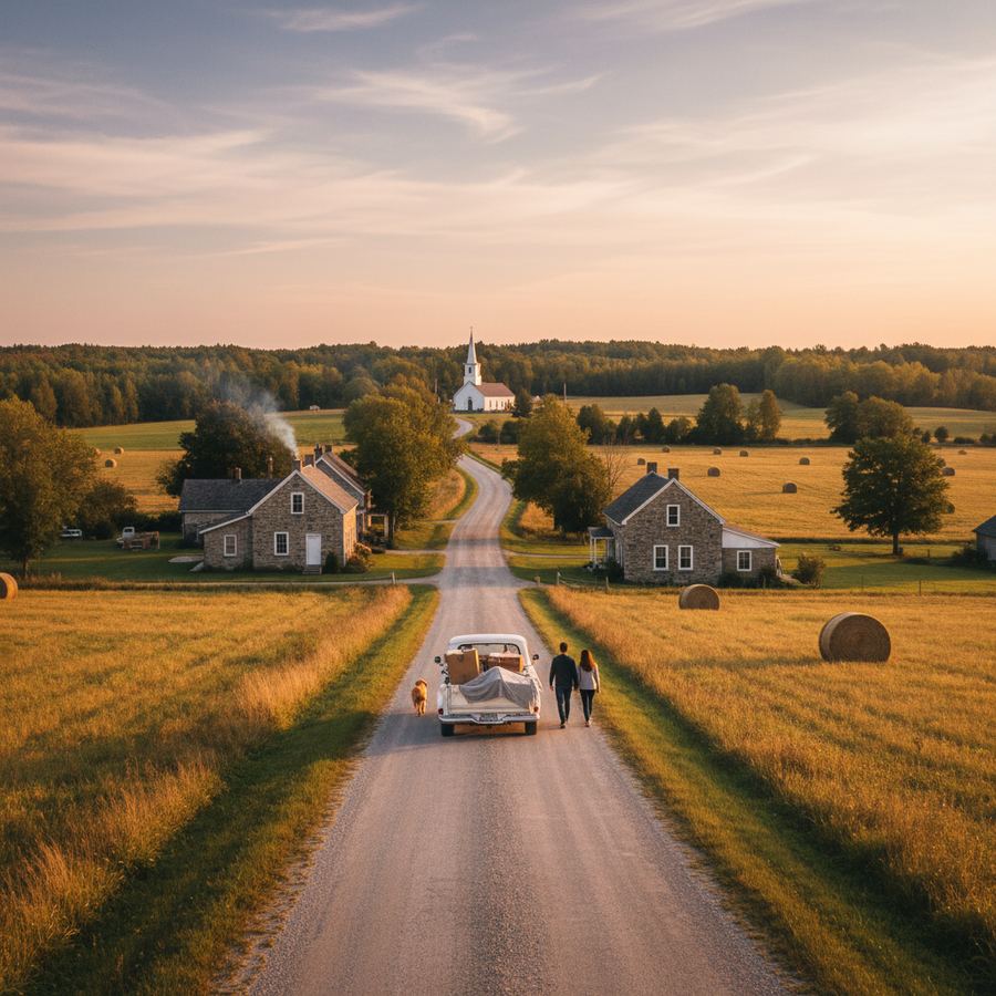 A Saturday morning farmers market in a small Ontario town square
