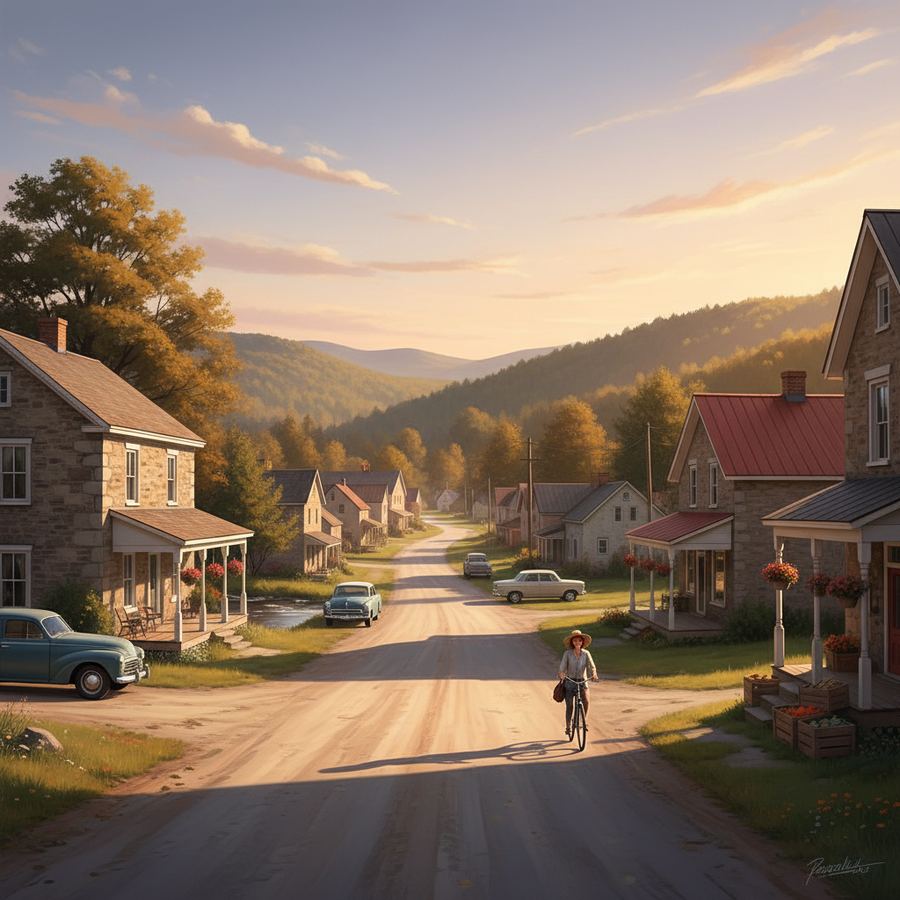 A view from a porch looking out over a small-town street at dusk