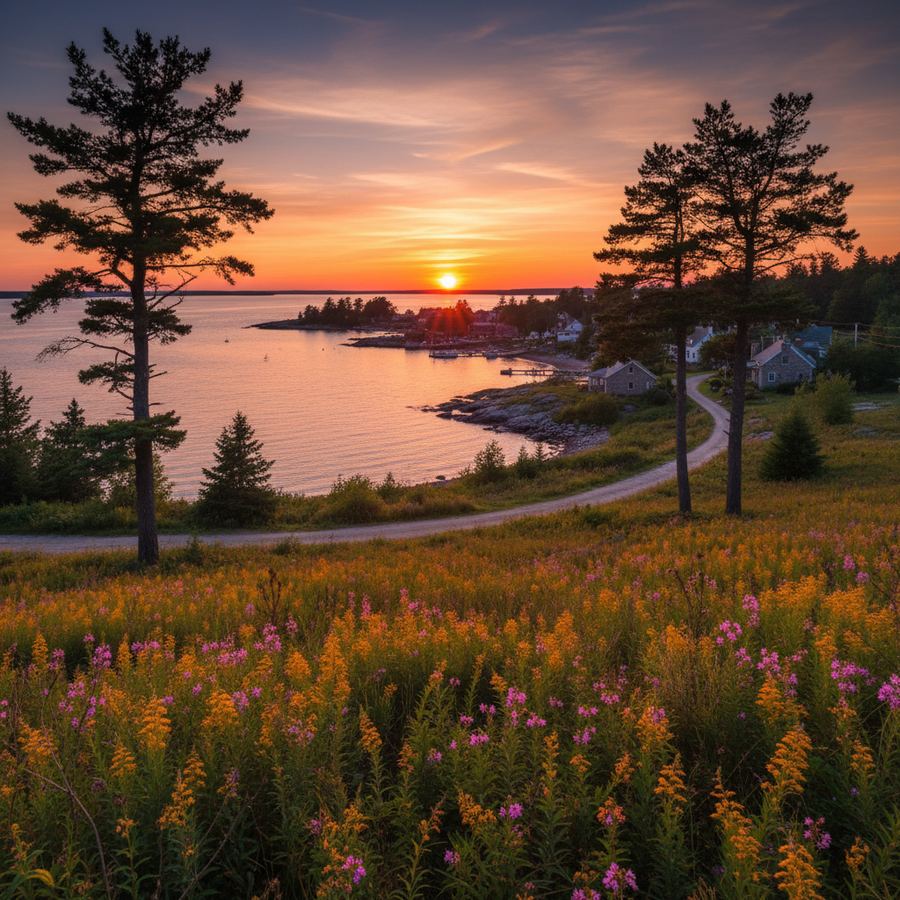 Sunset over Georgian Bay with warm colours reflected on calm water