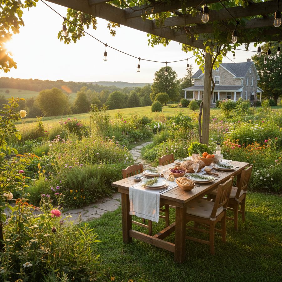 An outdoor dining table set in a garden at a Prince Edward County restaurant