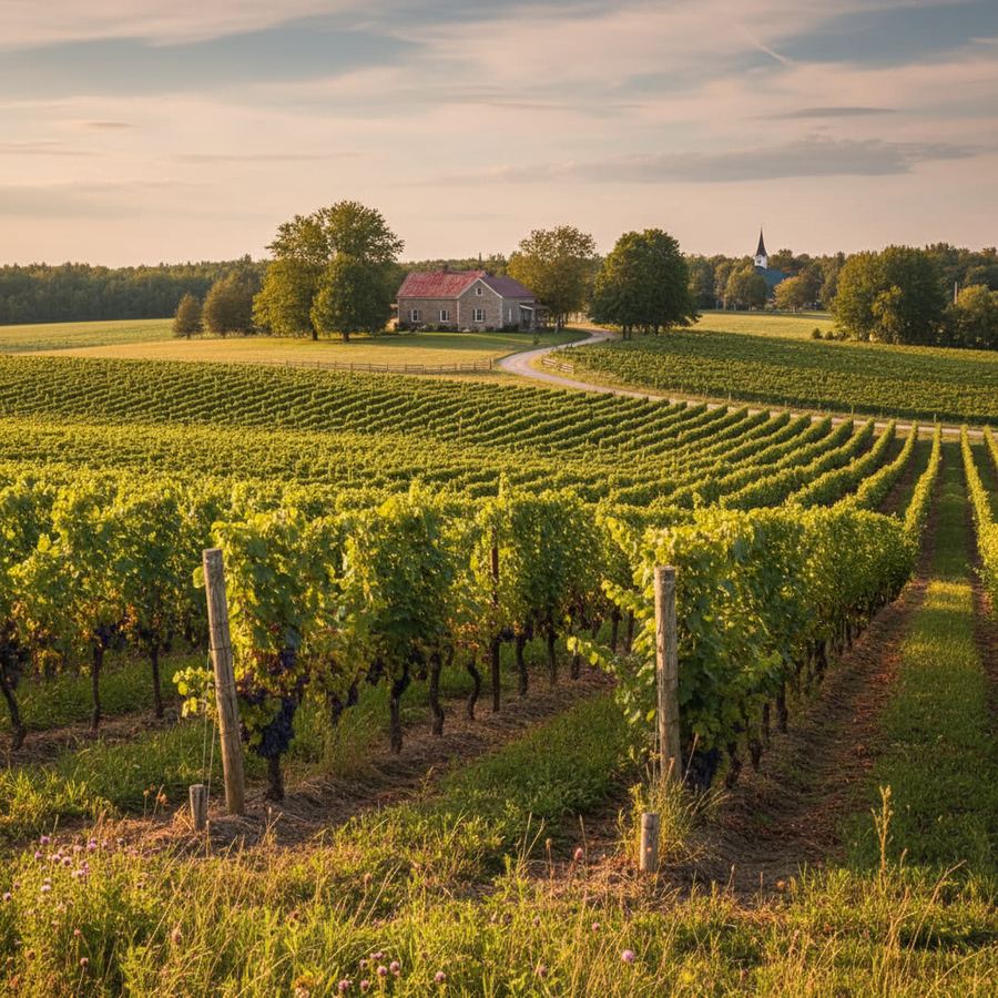 Vineyard rows in Prince Edward County at golden hour