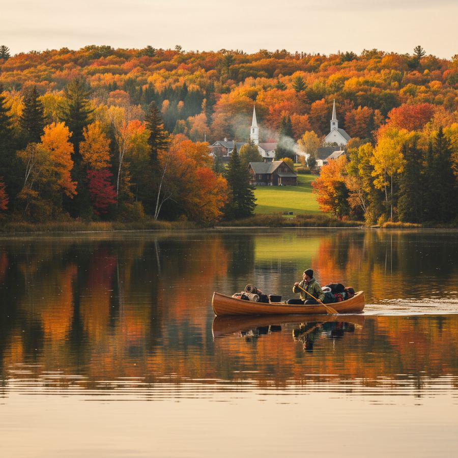 A canoe on the Petawawa River surrounded by autumn colours