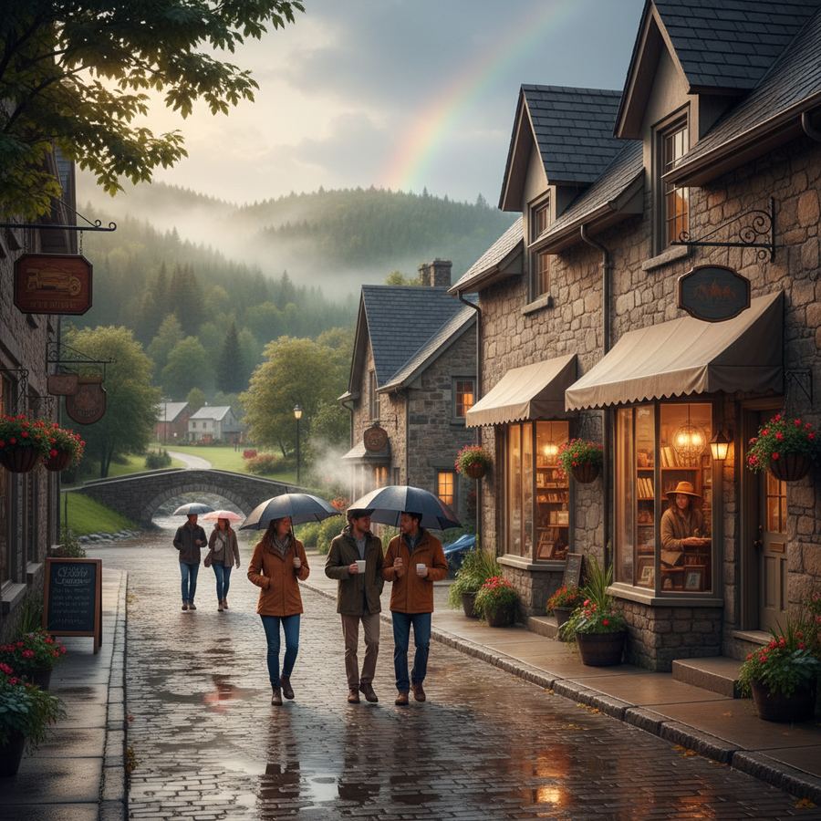 A rain-soaked main street in a small Ontario town with warm lights glowing from shop windows