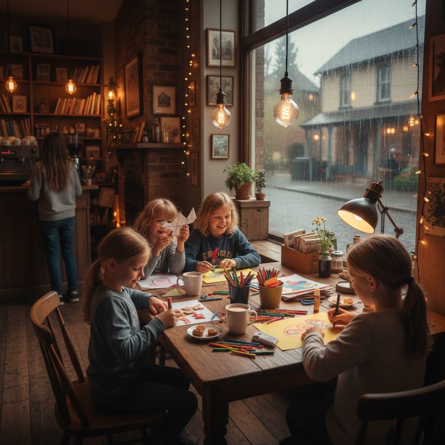 A family seated at a diner booth with steaming mugs and a rain-streaked window behind them