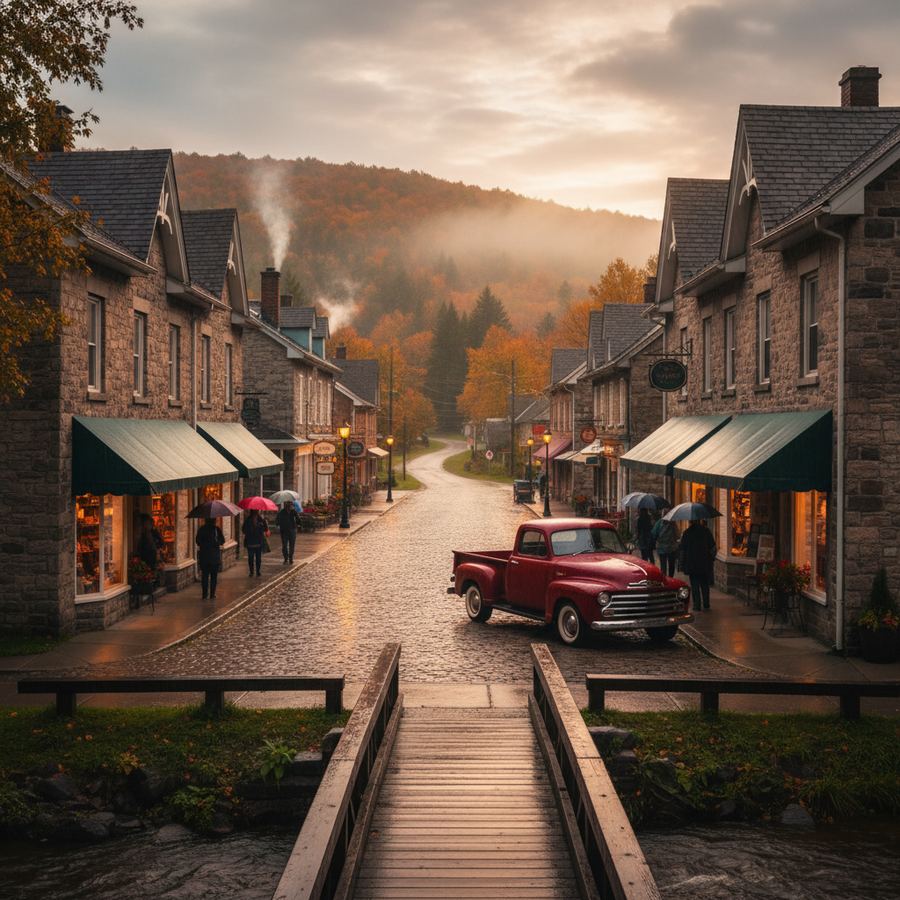 A child in rubber boots jumping in a puddle on a small-town sidewalk