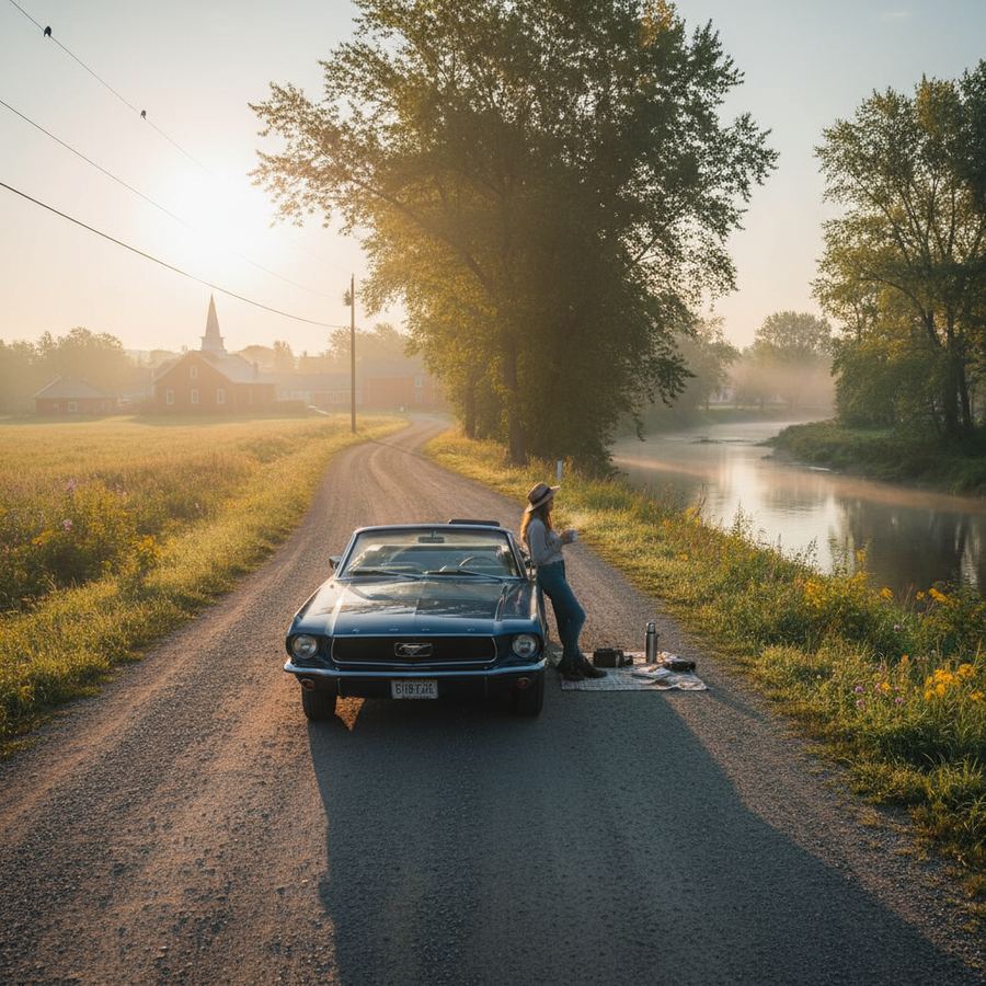 A car packed lightly for a weekend trip on a quiet Ontario road