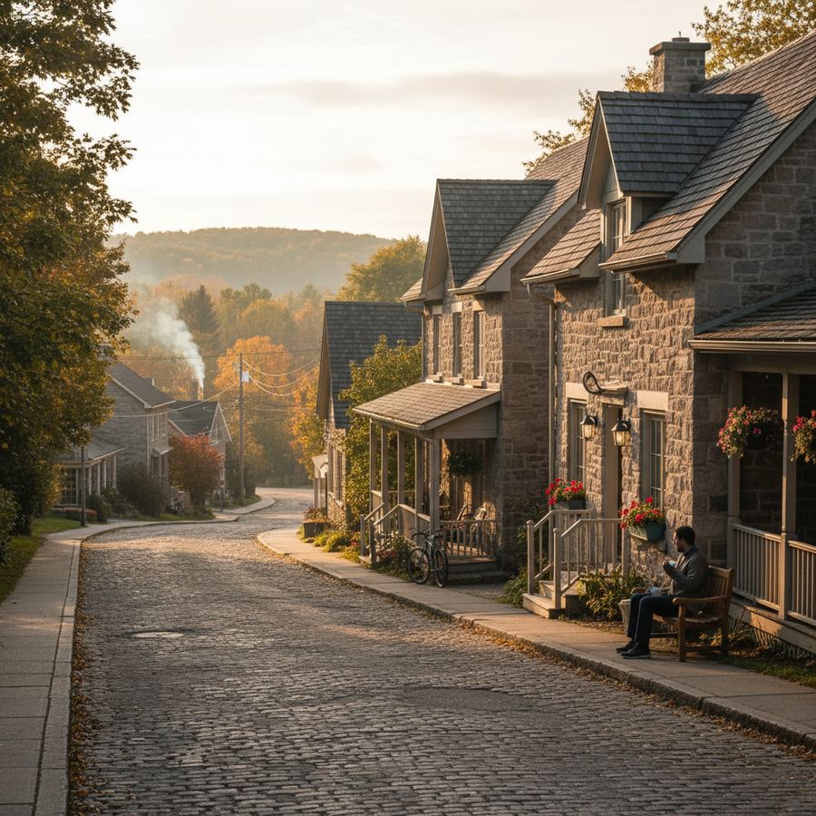 A quiet main street in a small Ontario town on a calm morning