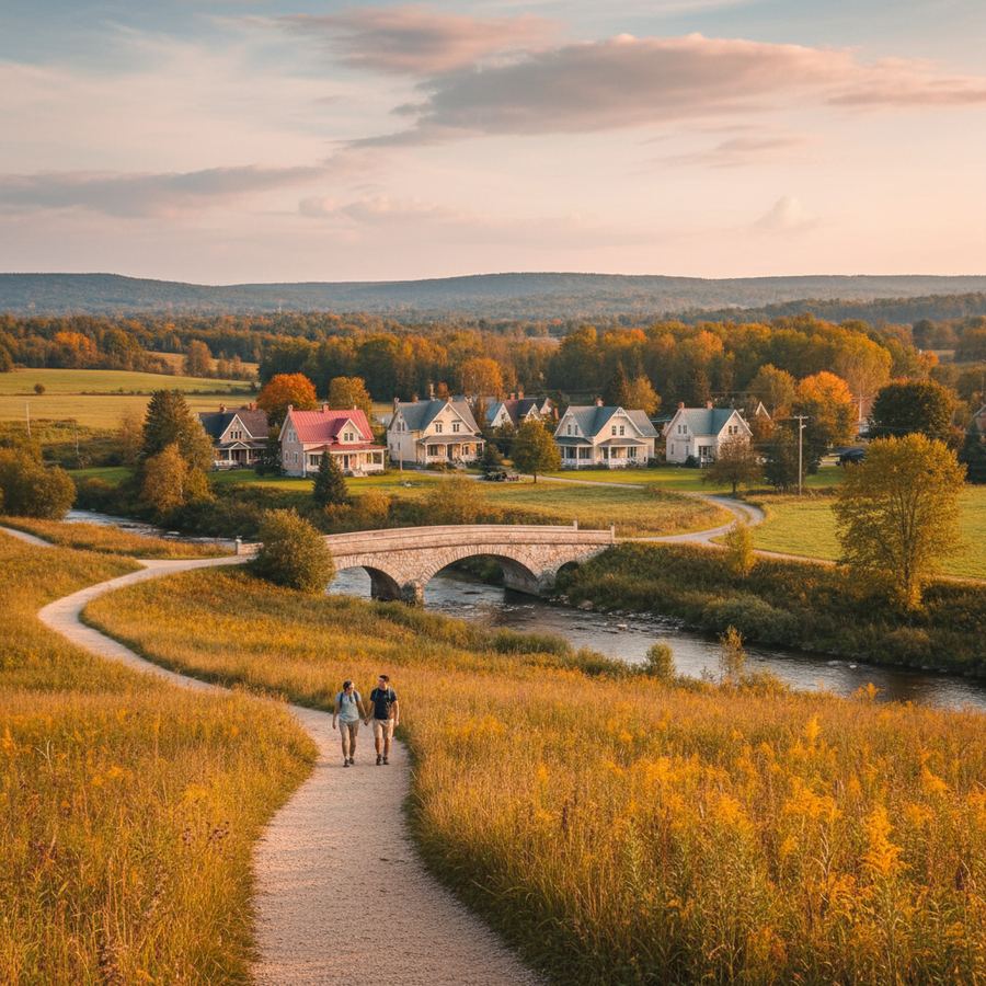 A person walking a quiet trail near a small Ontario town