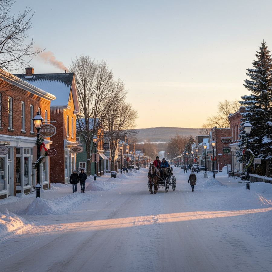 Stayner's main street on a quiet winter morning with light snow