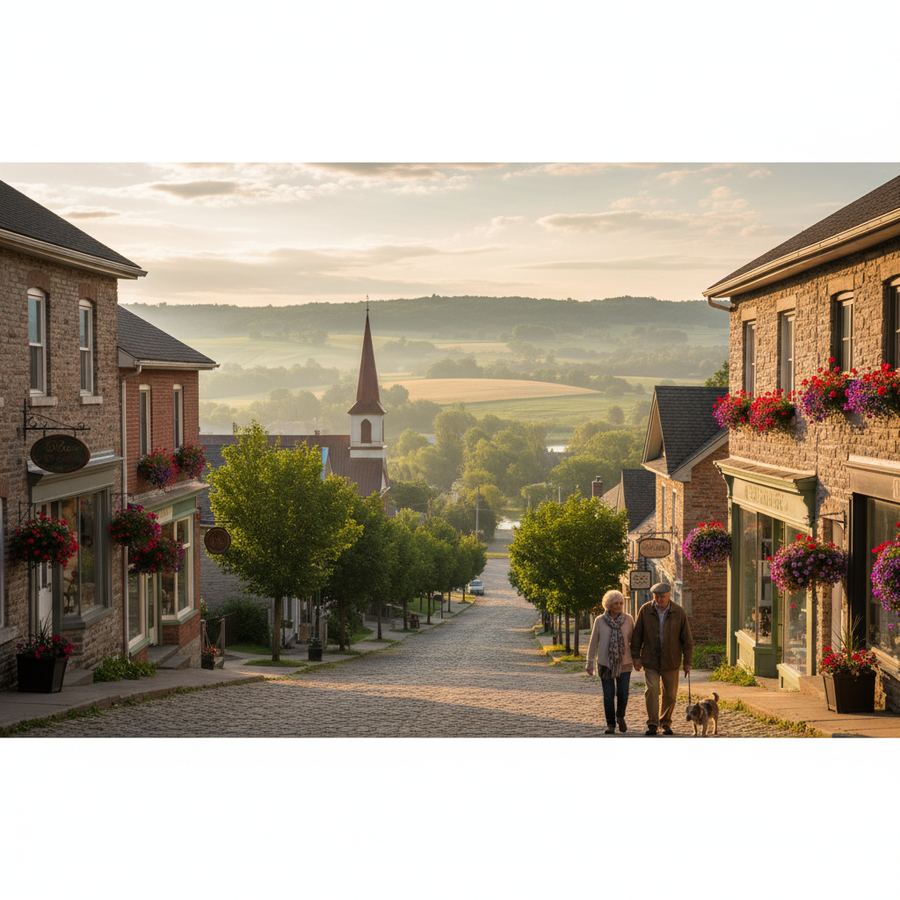 A row of distinct, colourful storefronts on a small-town Ontario main street