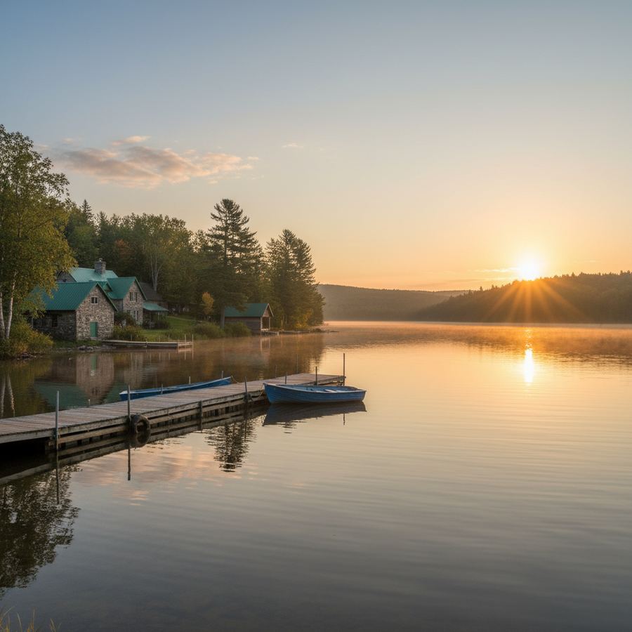 Wooden dock on an Ontario waterfront at sunrise