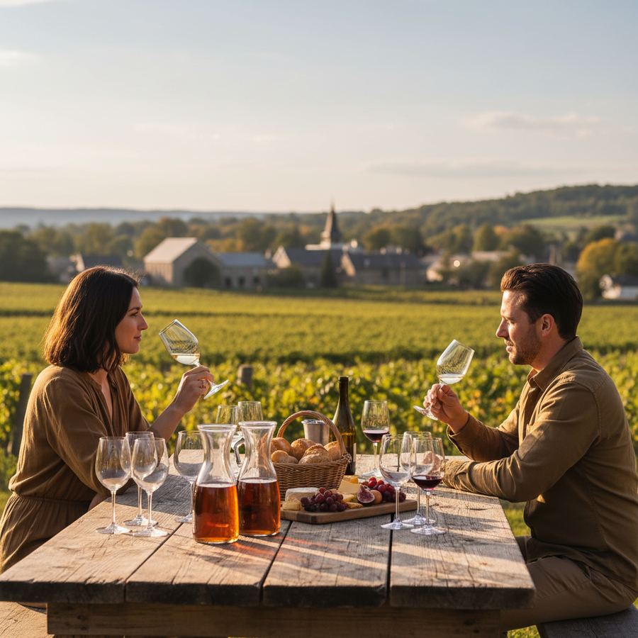 Wine glasses lined up for a tasting at a small County winery