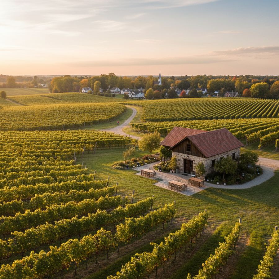 Rows of grapevines in a Prince Edward County vineyard on a sunny afternoon