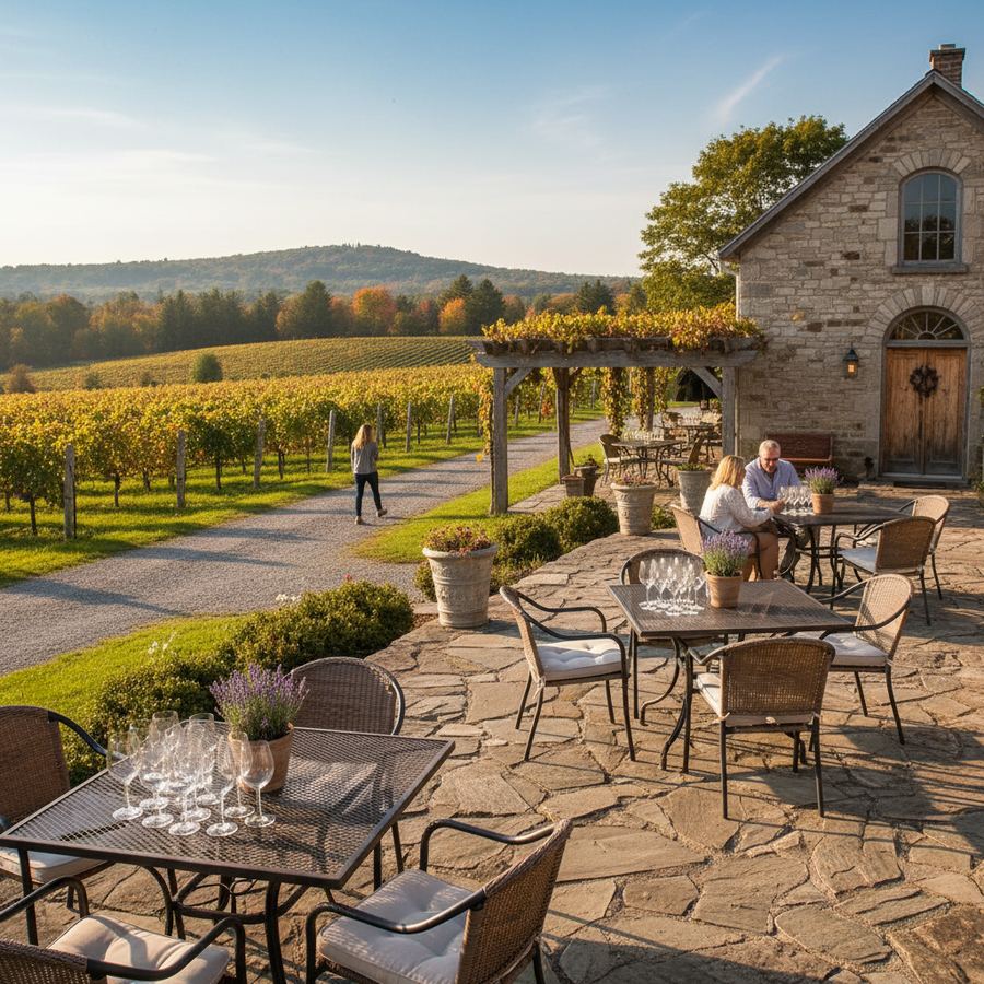 Wine glasses on a patio overlooking County vineyards