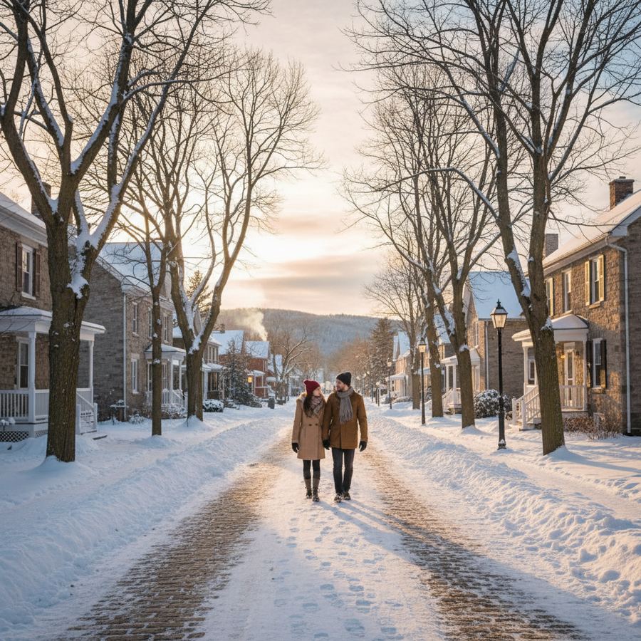 A frozen creek with snow on its banks winding through the edge of a small town