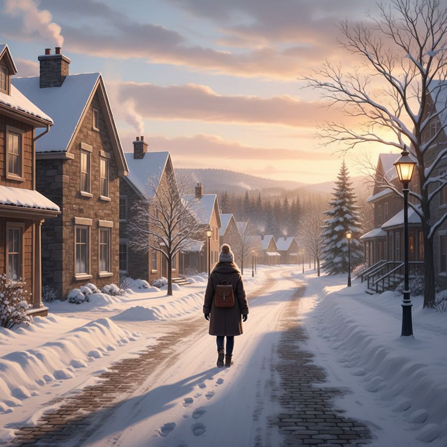 A street lamp glowing against a pale winter sky as morning light begins to warm the town